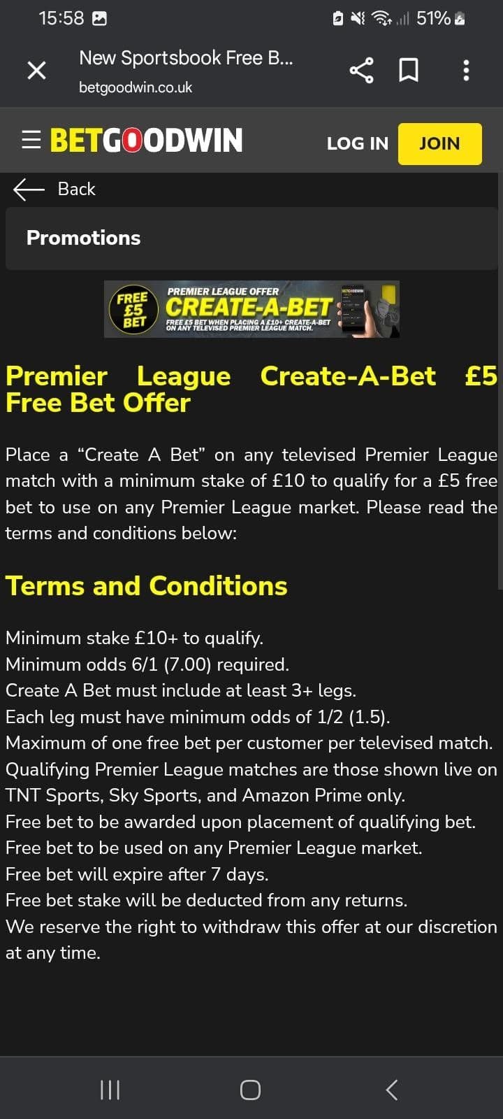 £5 free bet for placing a £10 football bet 