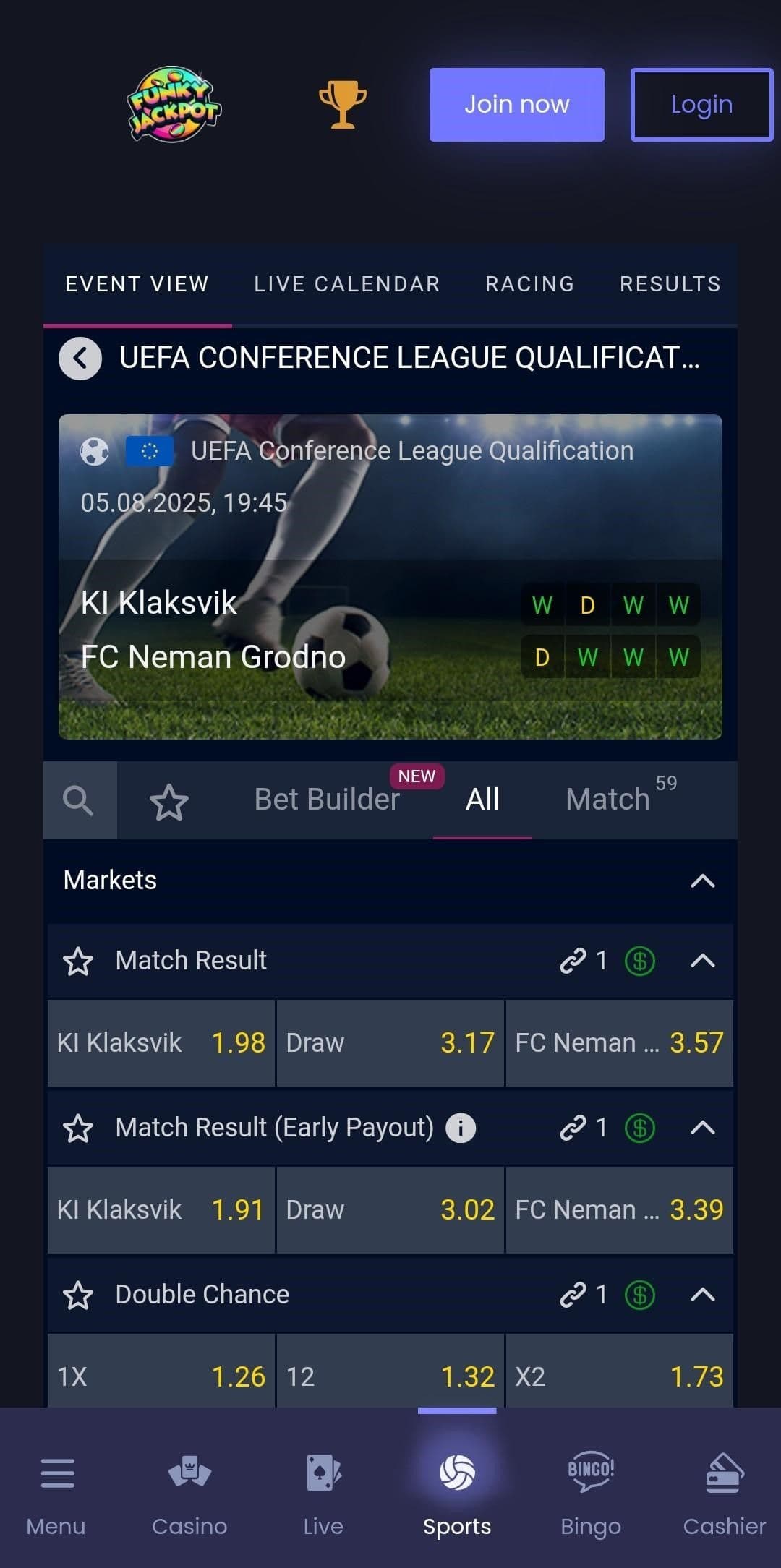 Betting Markets at Funky Jackpot