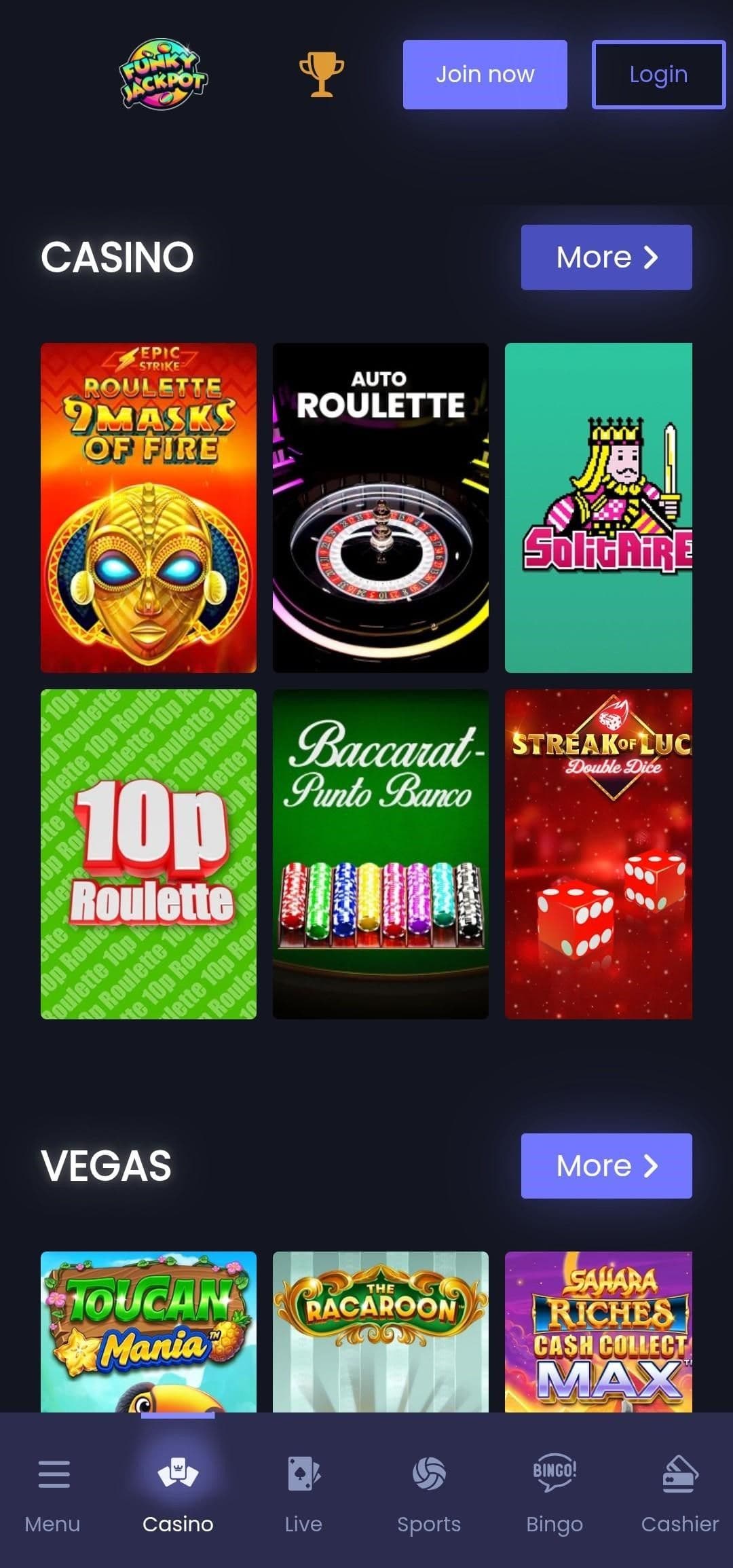 Casino Game Selection funkybet
