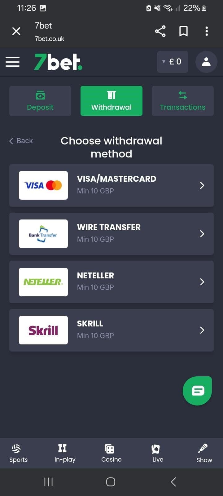 Choose your withdrawal method 7bet