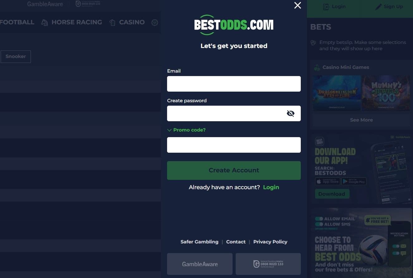 Click the Register on the BestOdds homepage