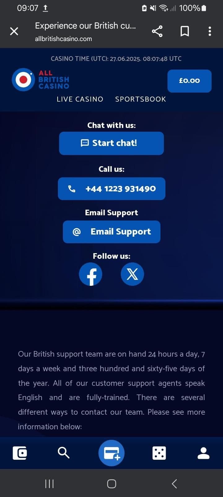 Contact All British Casino Support in the UK