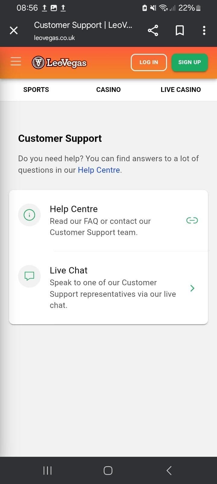 Customer support LeoVegas