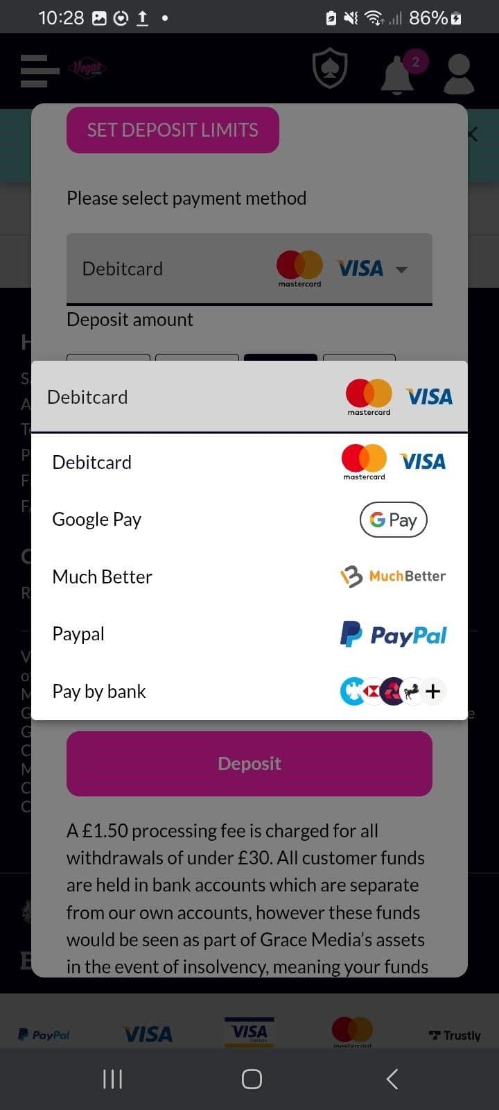 Deposit Methods at Vegas Wins