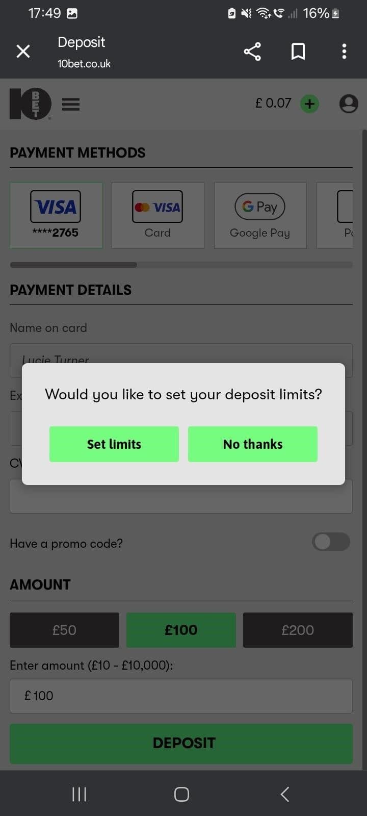 Deposit funds in GBP using a supported UK 
