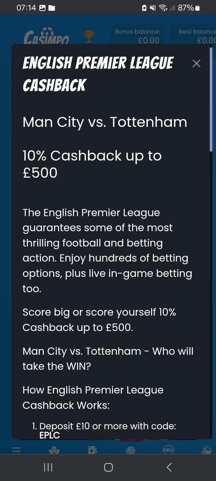 English Premier League Cashback 