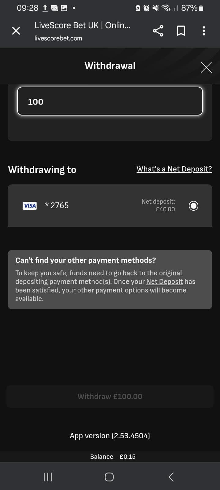 Enter the withdrawal amount Livescore