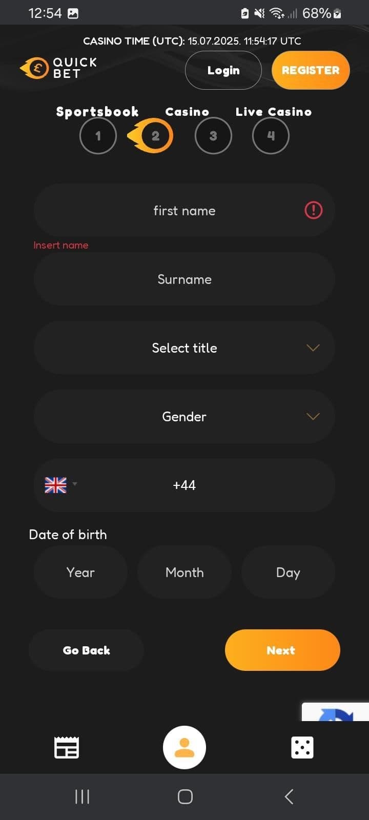 Enter your name, gender and date of birth.