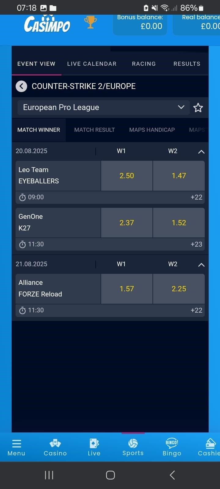 Esports Betting at Casimpo