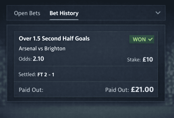 Example of a settled second-half goals bet