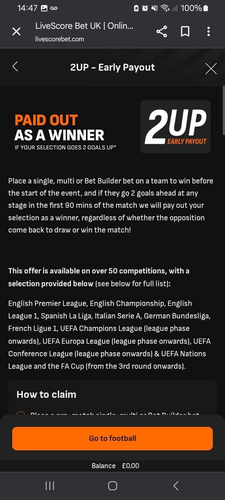 Football 2 Up Early Payout