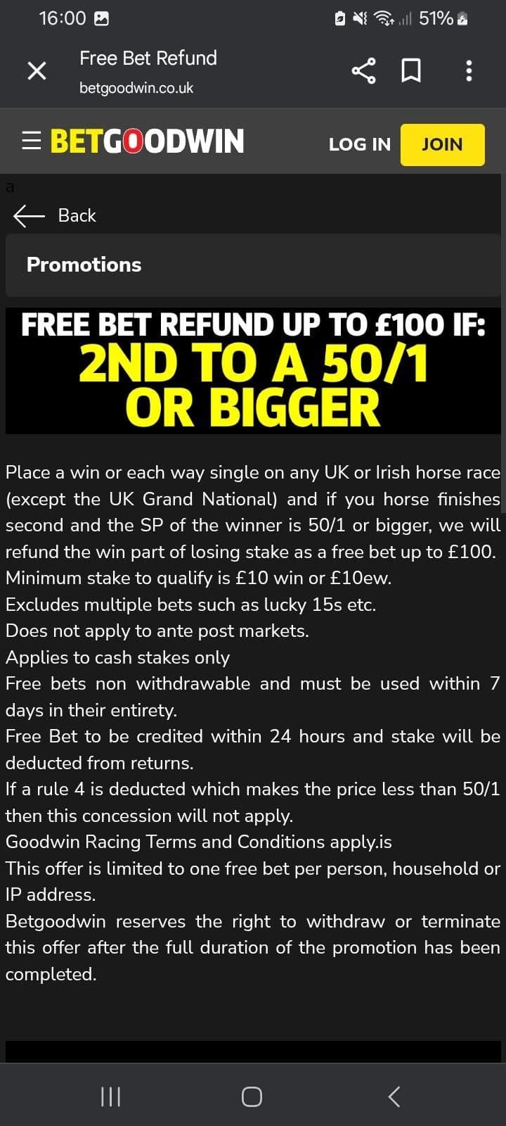 Free bet up to £100 