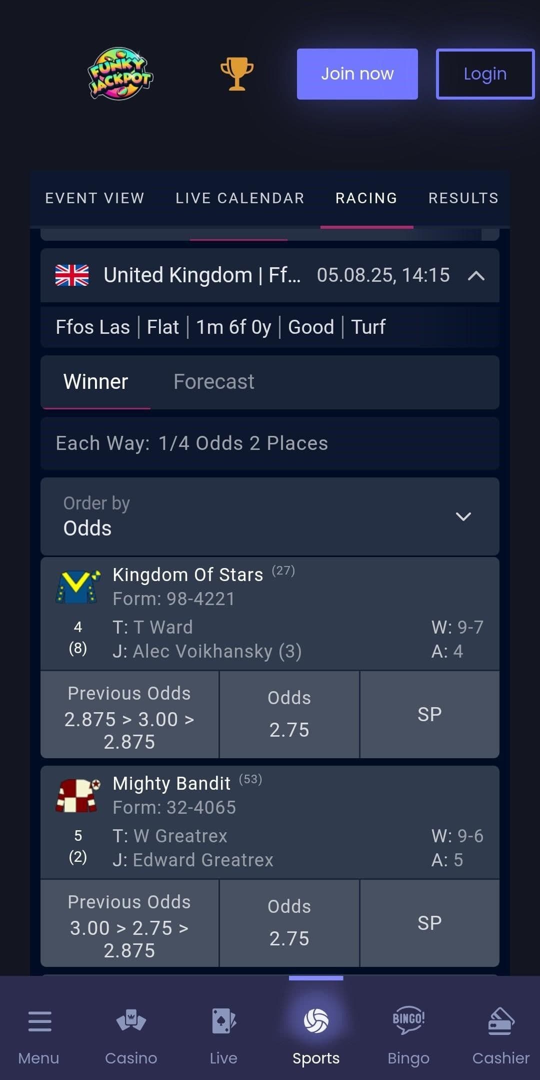 Funky Jackpot Sports Betting Odds
