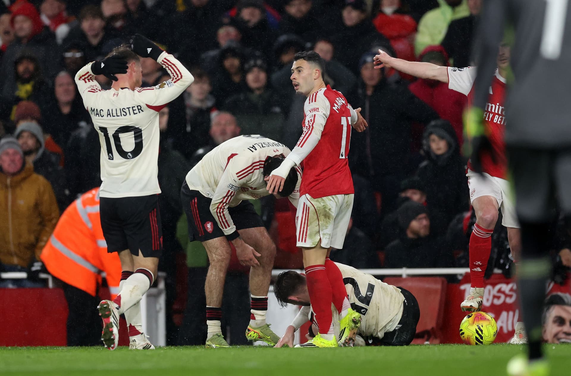 Gabriel Martinelli of Arsenal reacts as Conor Bradley 