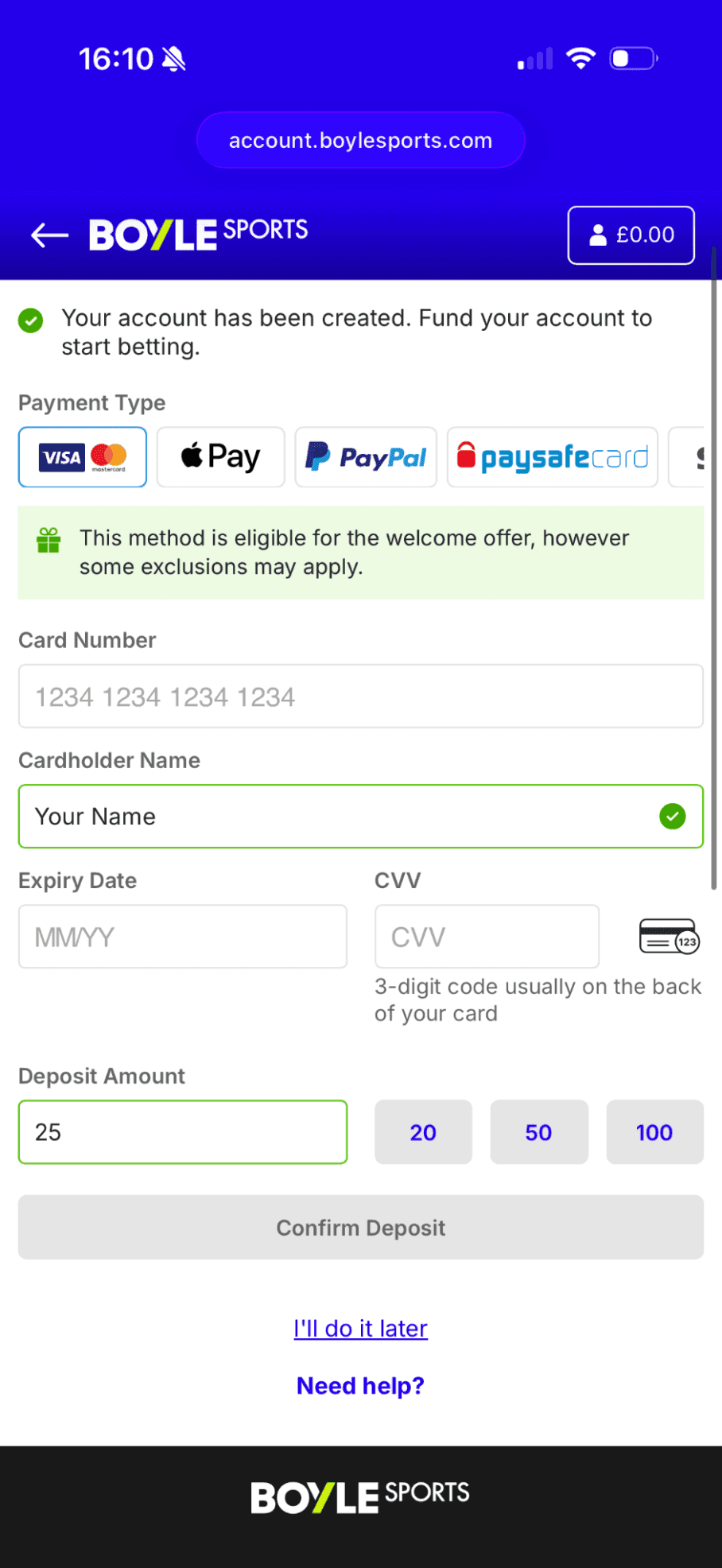 Go to the cashier, make your first deposit