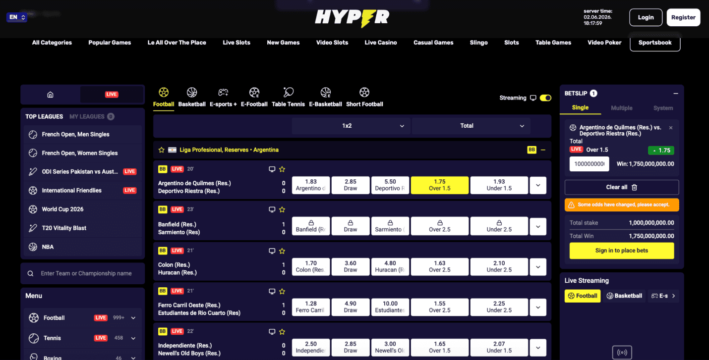Live Betting & Streaming Hyper casino