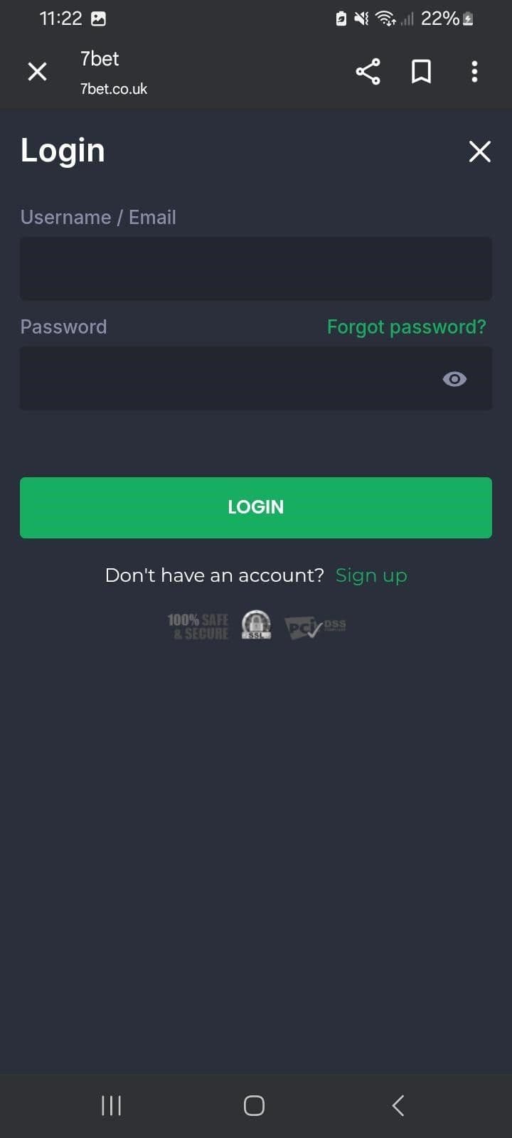Log in to your 7Bet account