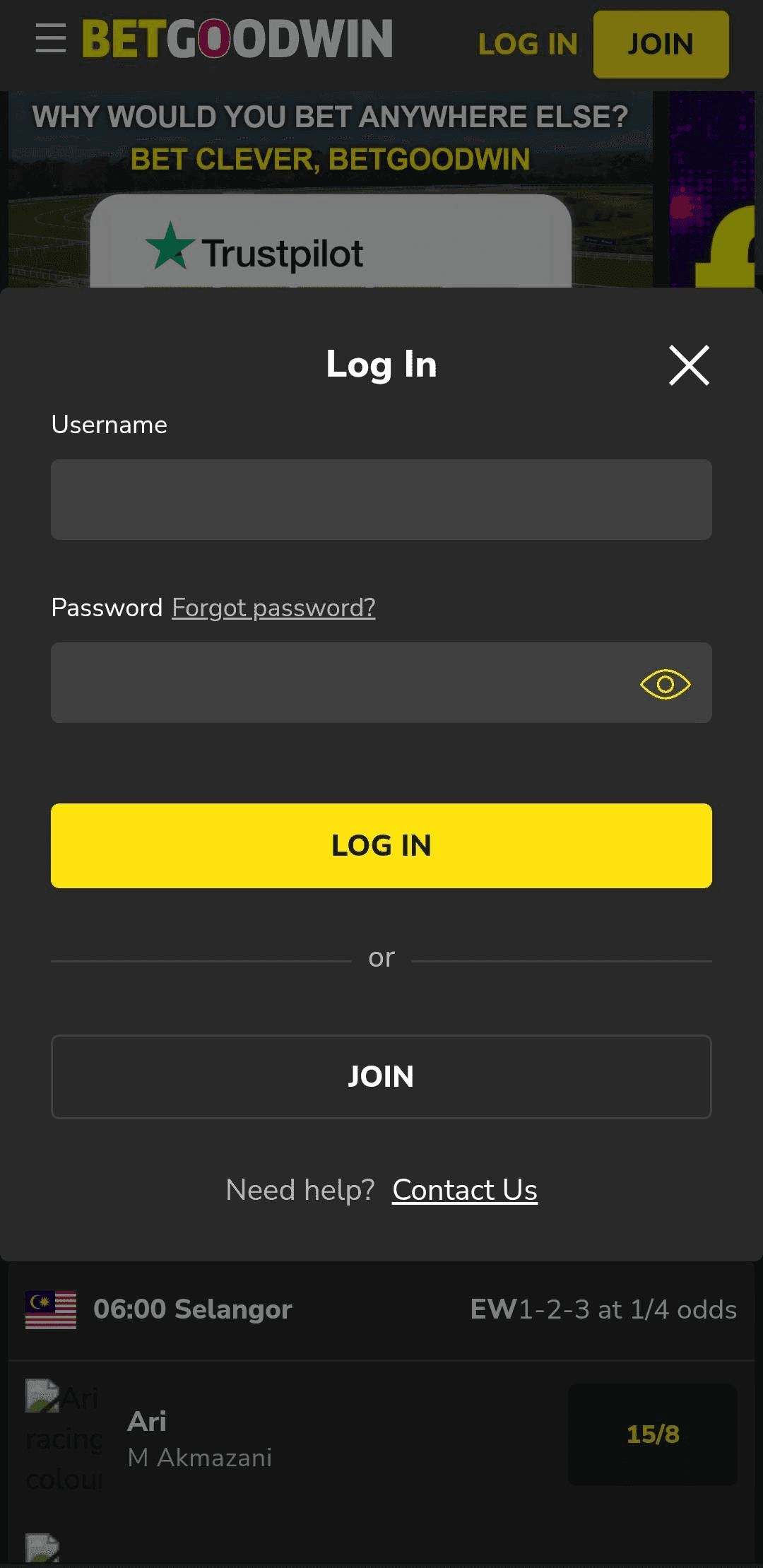 Log in to your Betgoodwin account
