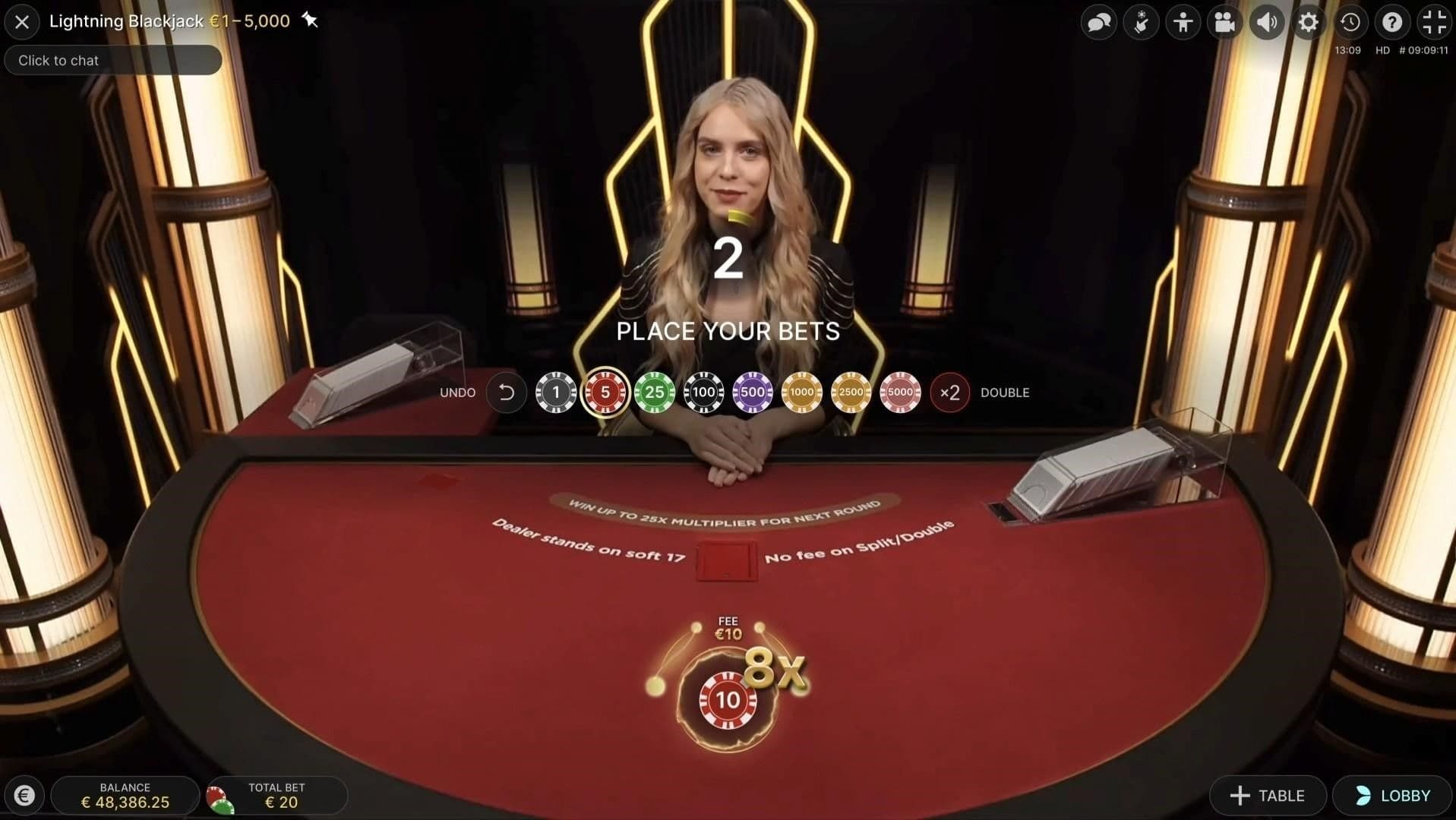 Place Your Bet and Select your chip size.