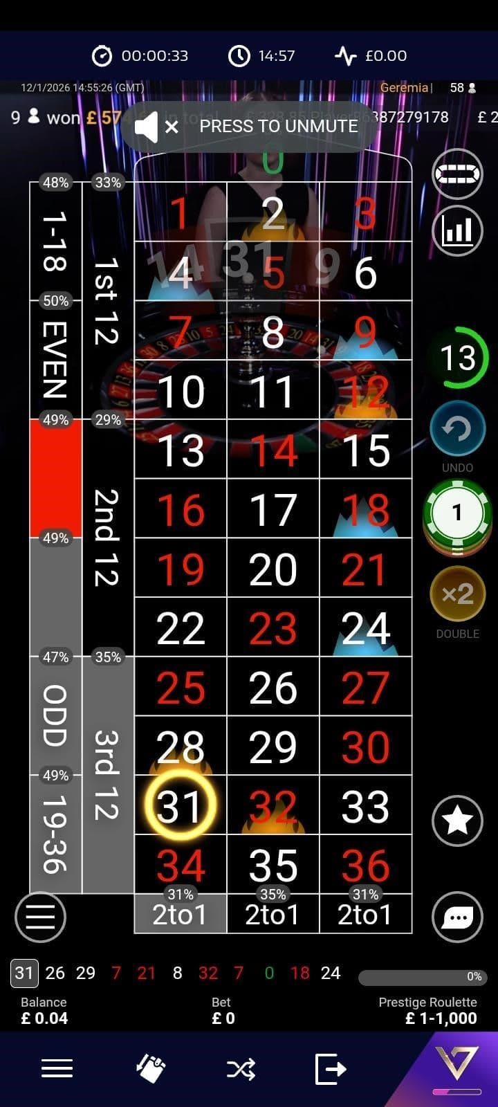 Place bets on the digital betting layout