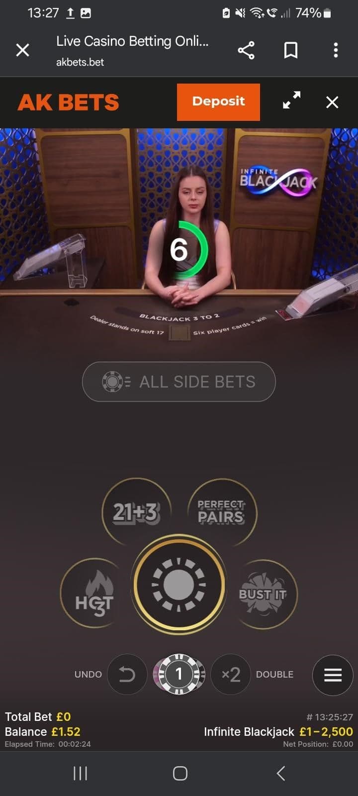 Place your stake and start playing infinite blackjack 