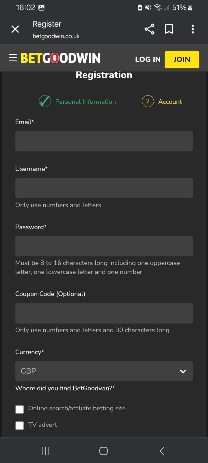 Provide email, username, and password betgoodwin