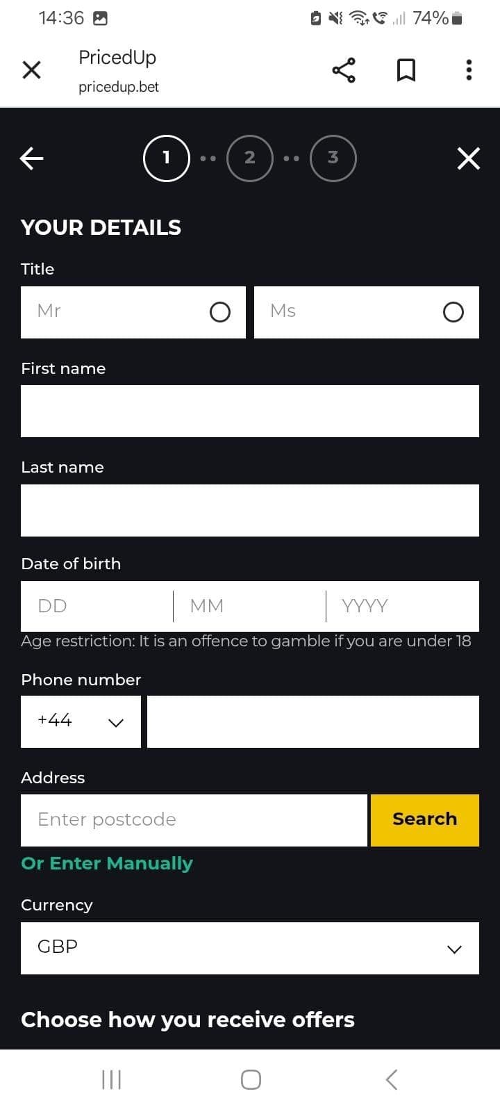 Provide personal details priced up