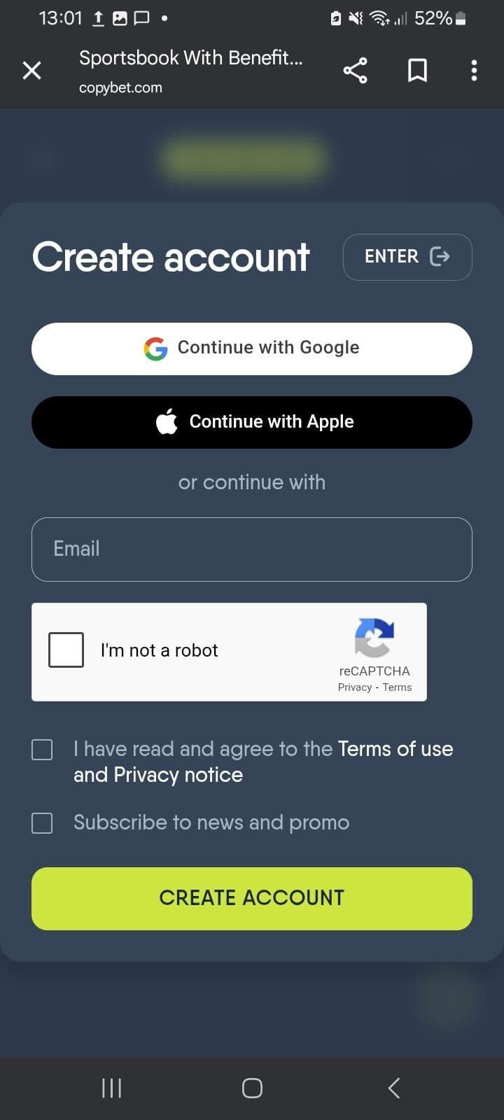 Register a new copybet account 