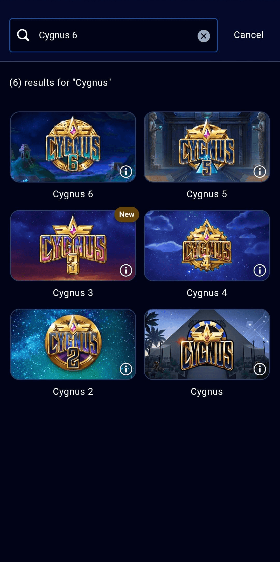 Search for “Cygnus 6” in the casino’s game library