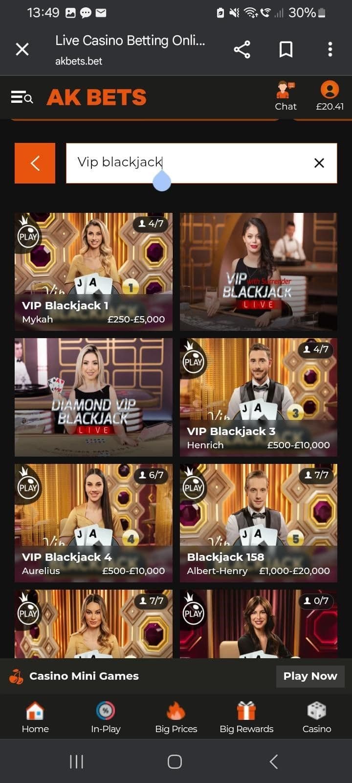 Select a VIP Table and check the betting limits 