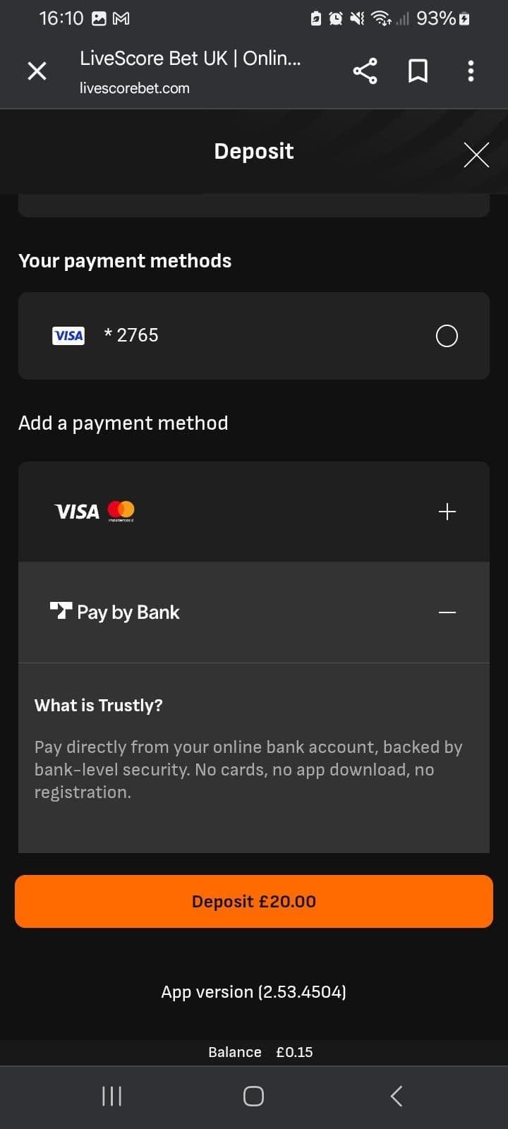 Select a payment method Livescore 