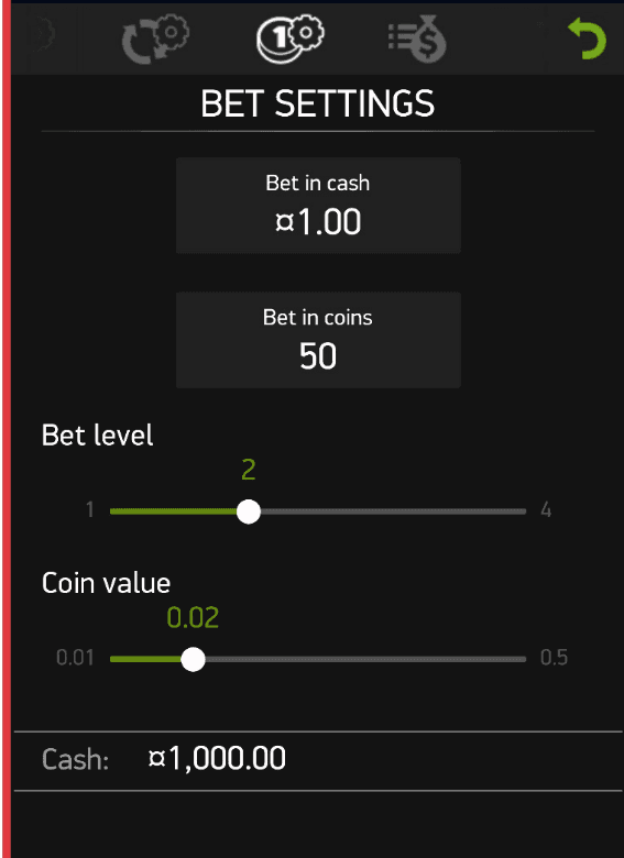 Set bet size – Choose from £0.25 to £5