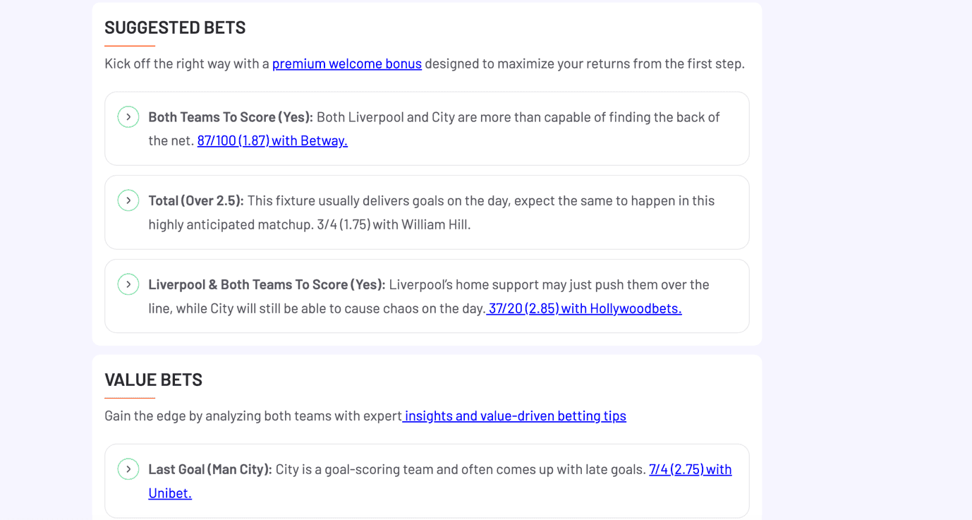 Suggested and Value bets
