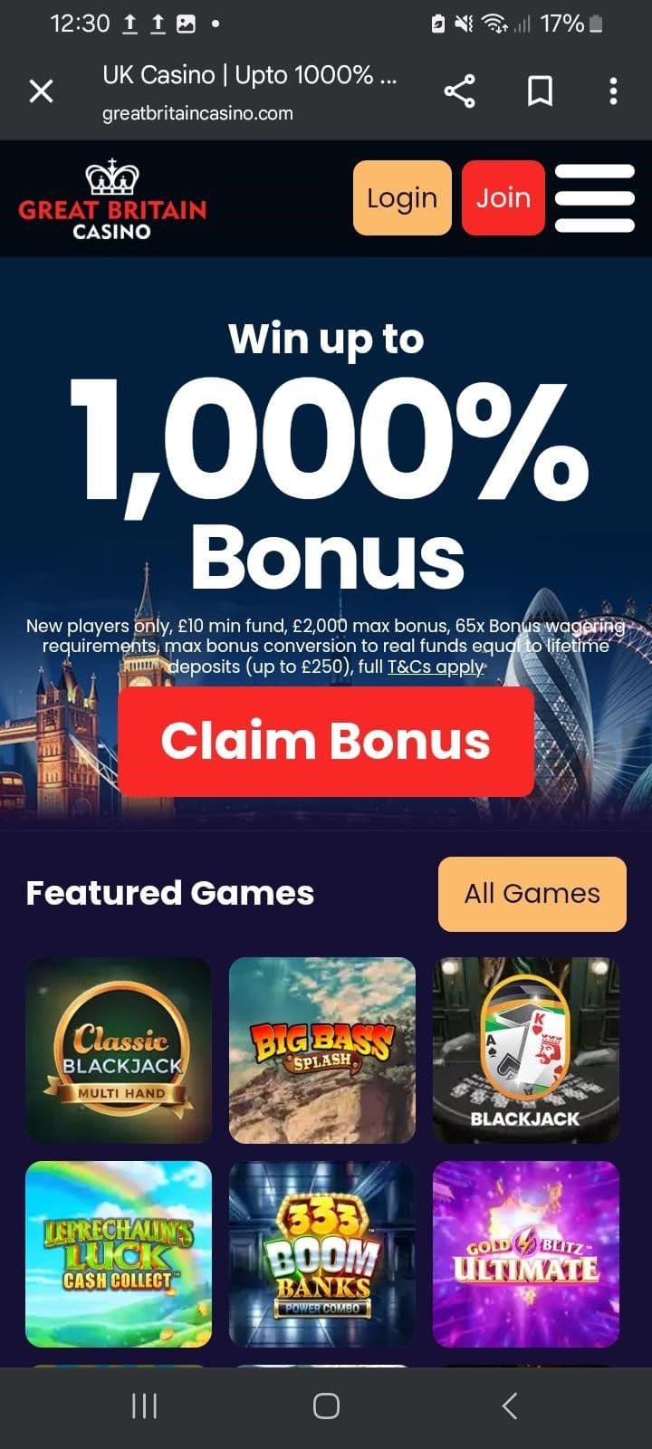 Visit greatbritaincasino.com and click “Join.”