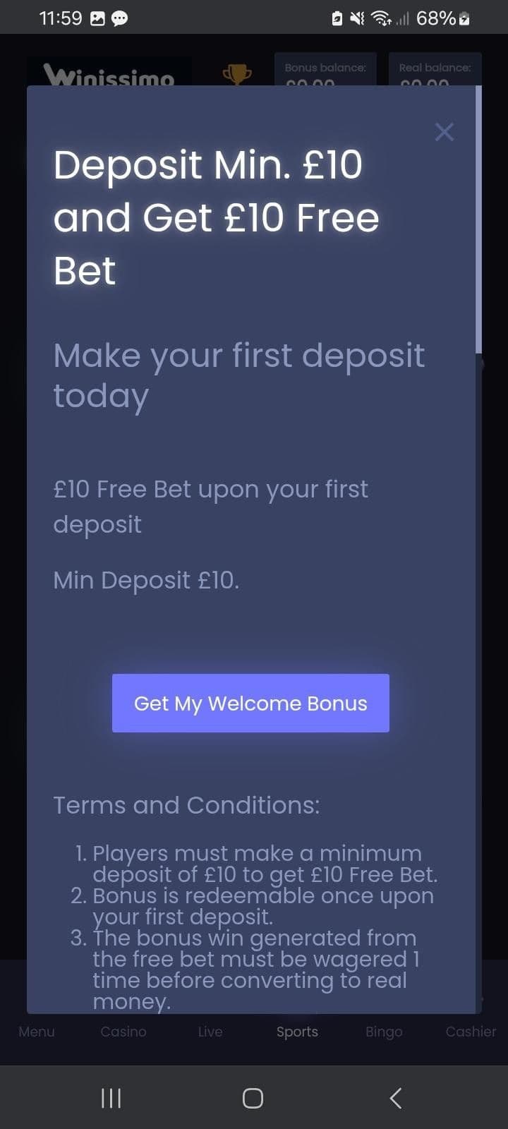 Winissimo Sports and Casino Welcome Bonus