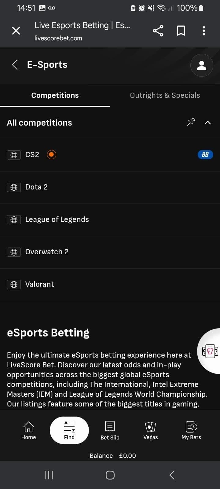 eSports Betting at LiveScore Bet 
