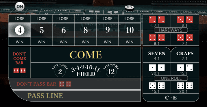 A close up of the virtual craps table
