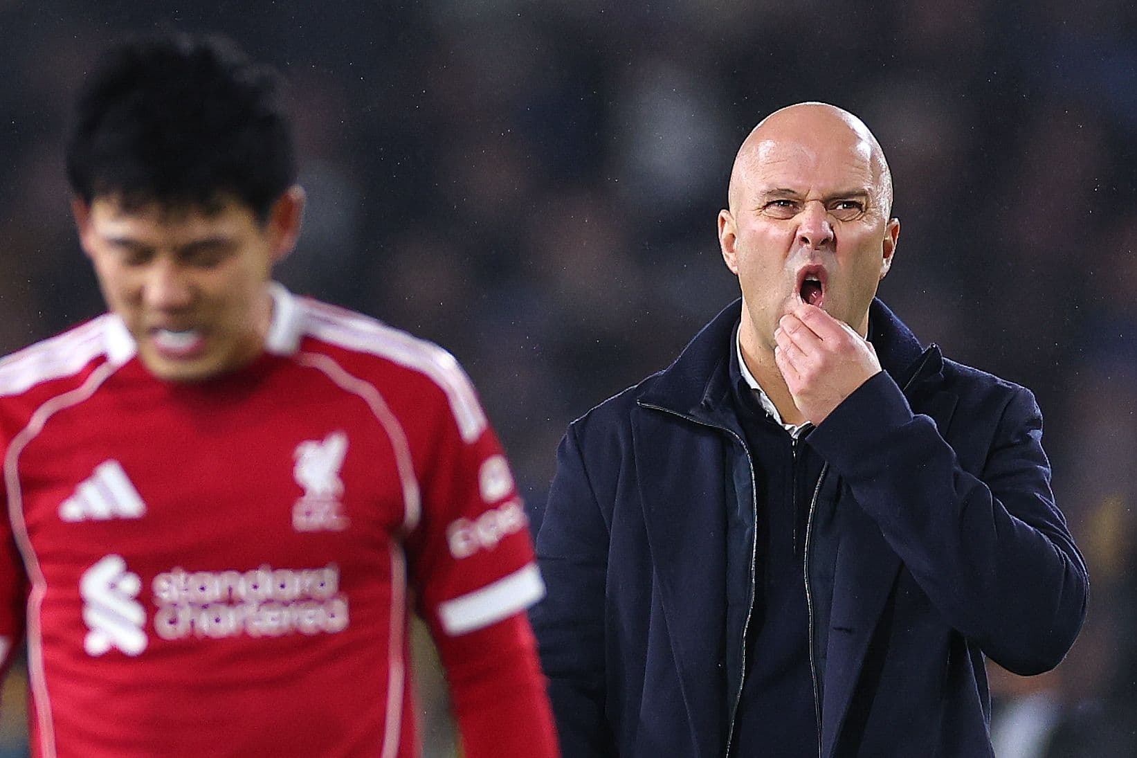 Arne Slot manager, head coach of Liverpool reacts during the Premier League match