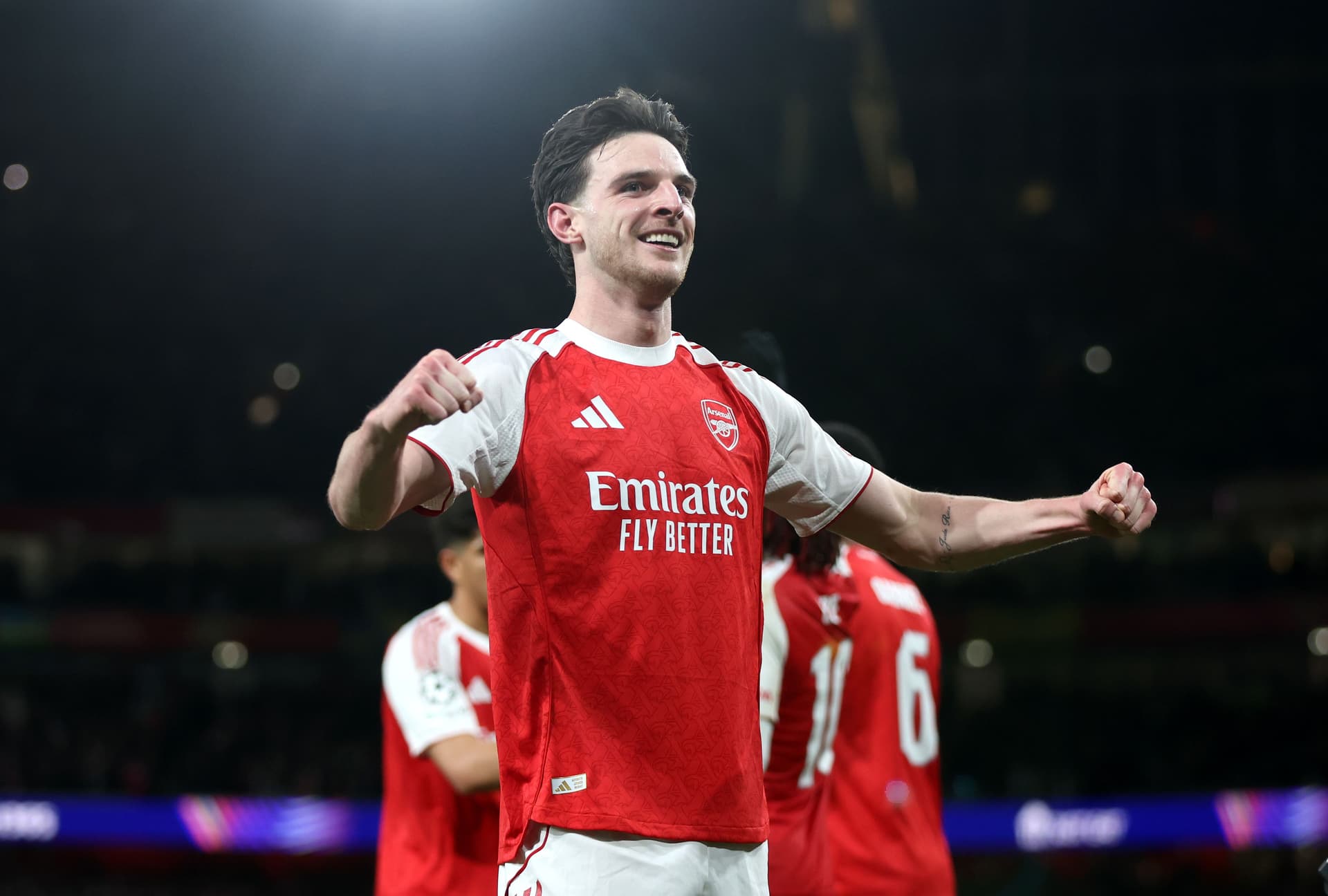 Arsenal's Declan Rice celebrates scoring his side's second goal during the UEFA Champions League