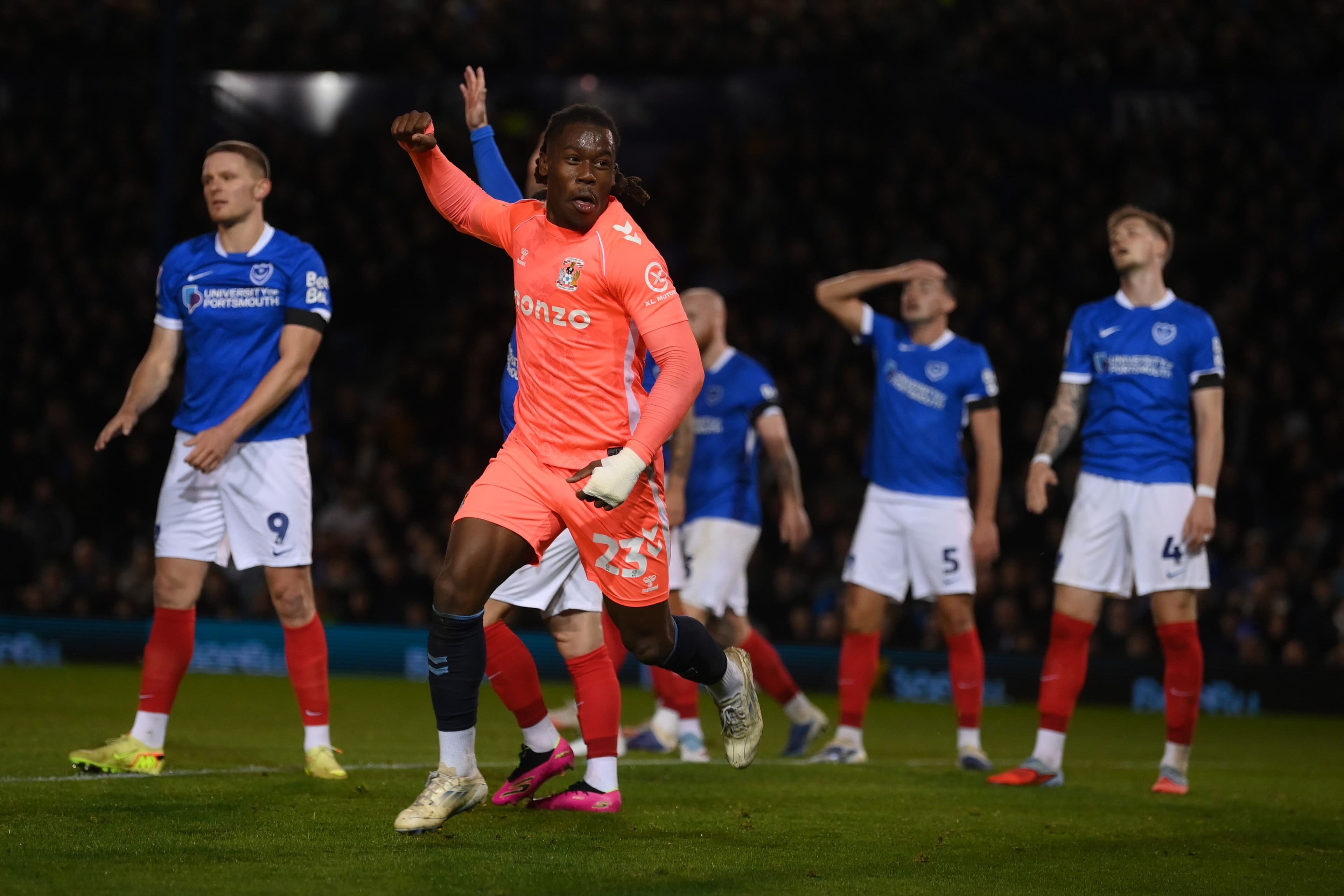Brandon Thomas-Asante of Coventry City celebrates after opening the scoring during the Sky Bet Championship