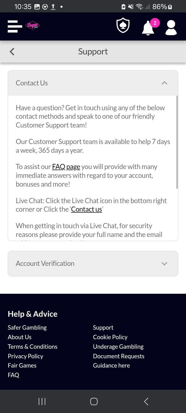 Contact Vegas Wins Support in the UK