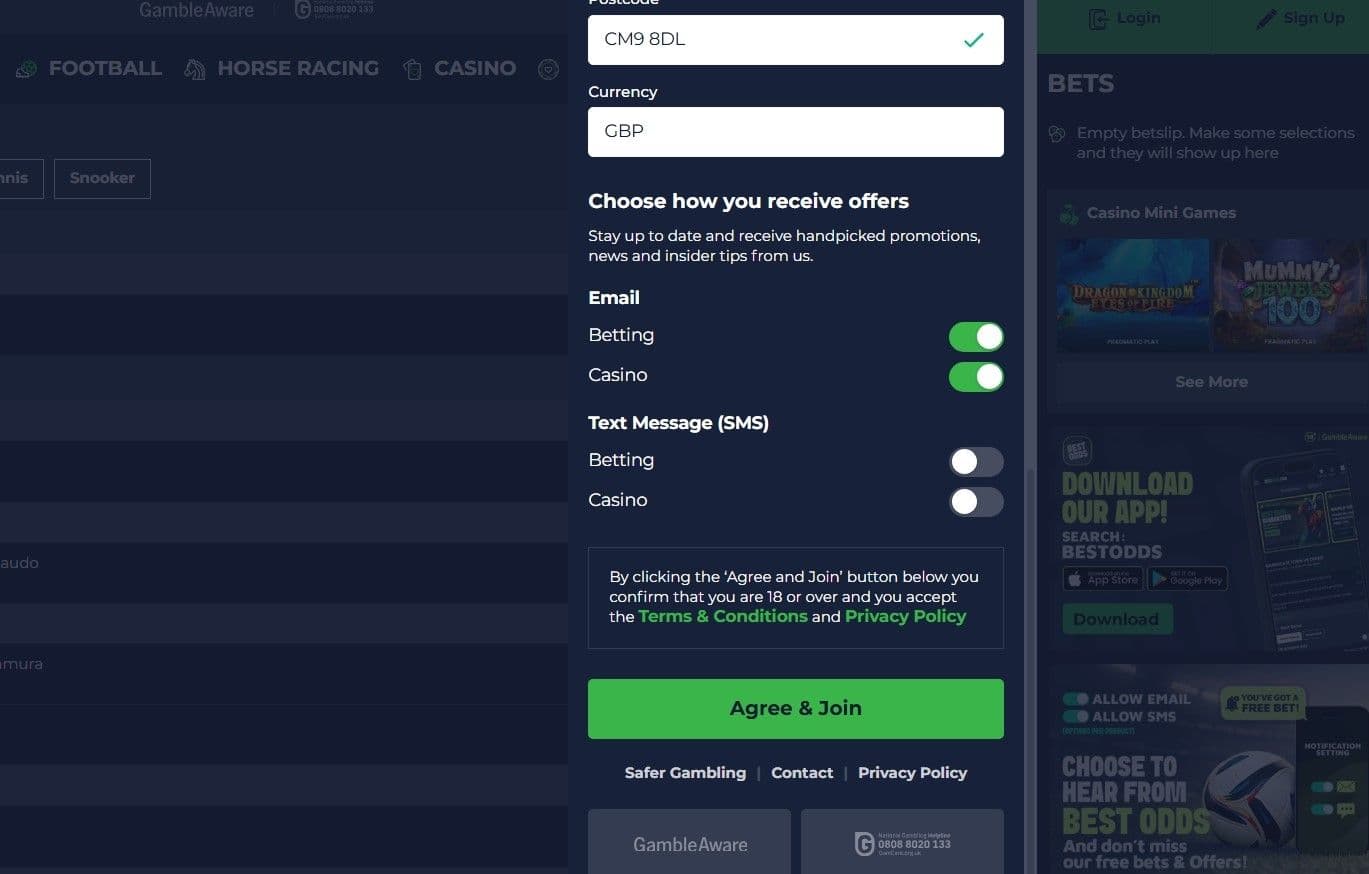 Decide whether you want to receive marketing communications from the bookie