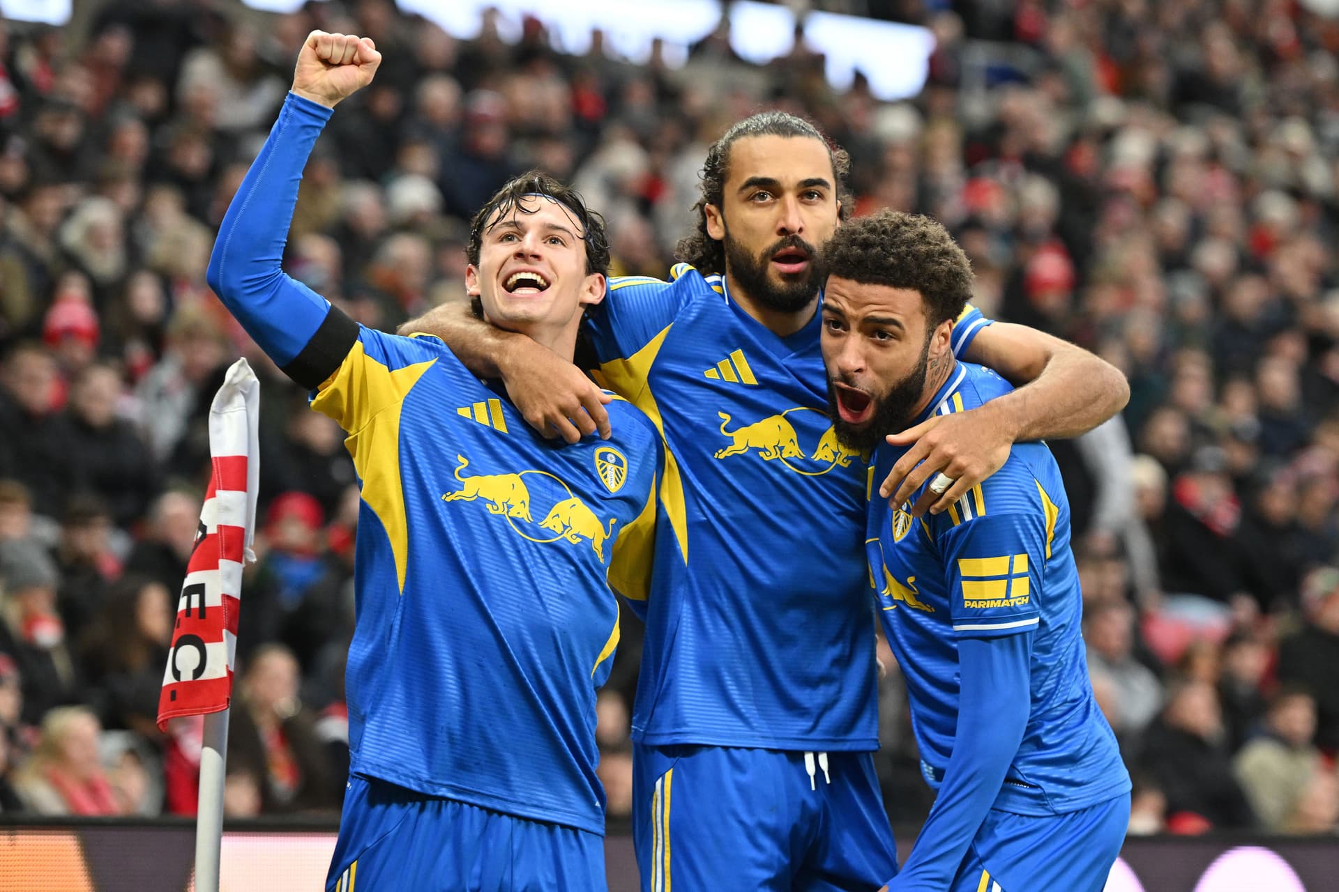 Dominic Calvert-Lewin of Leeds United celebrates with his teammates
