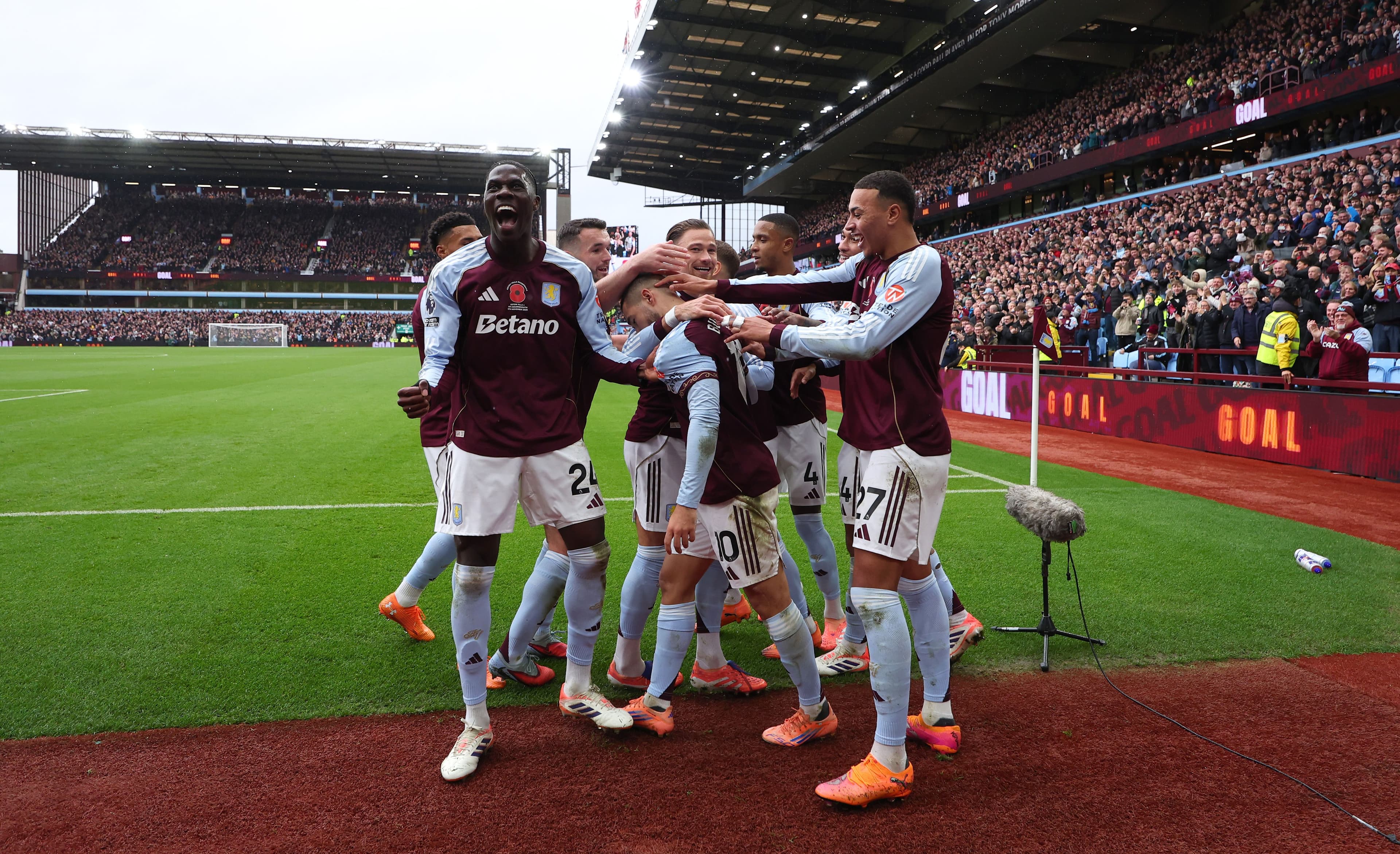Emiliano Buendia of Aston Villa celebrates scoring his team's first goal