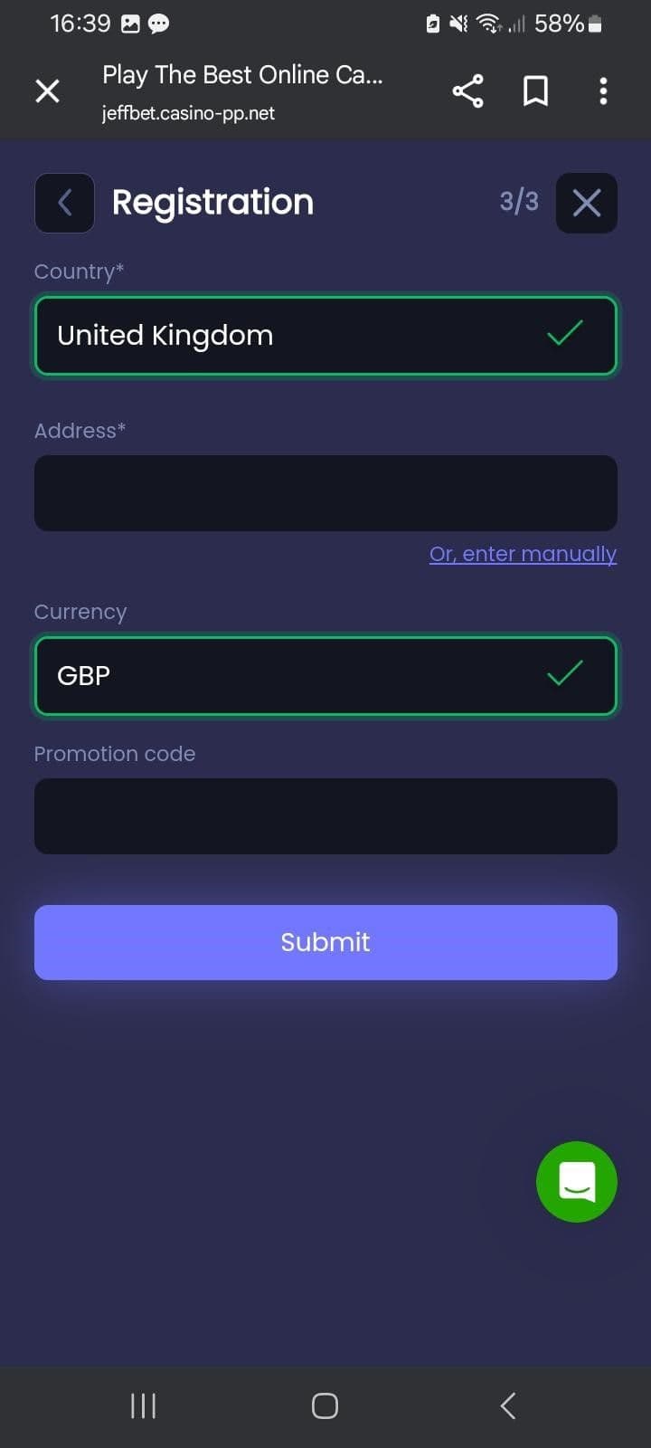 Enter address and select GBP as currency.