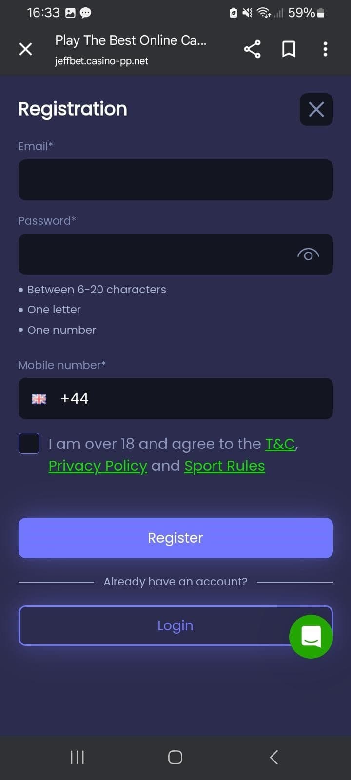 Enter your email, mobile number, and password jeffbet