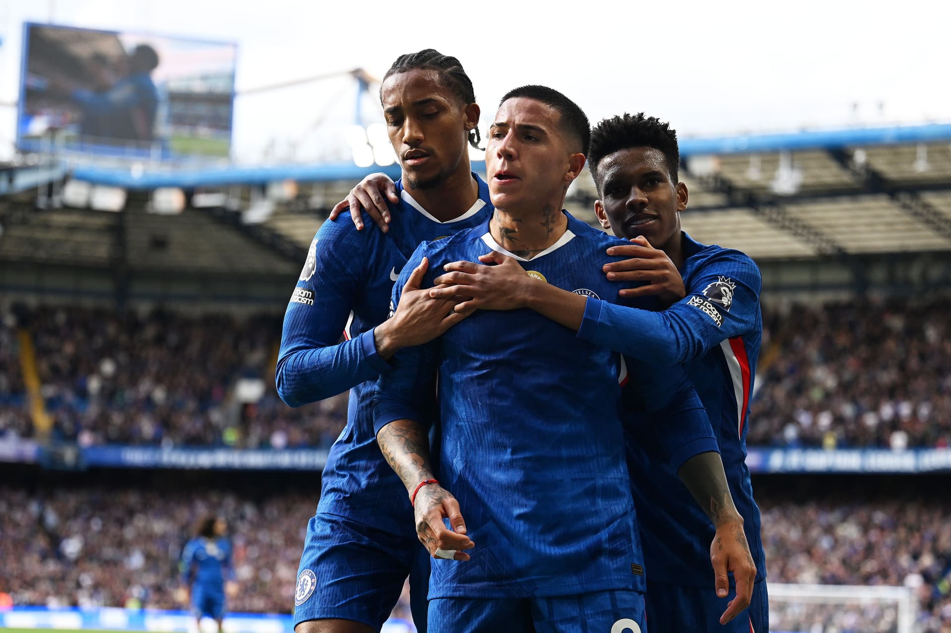 Enzo Fernandez of Chelsea celebrates scoring his team's first goal with teammates