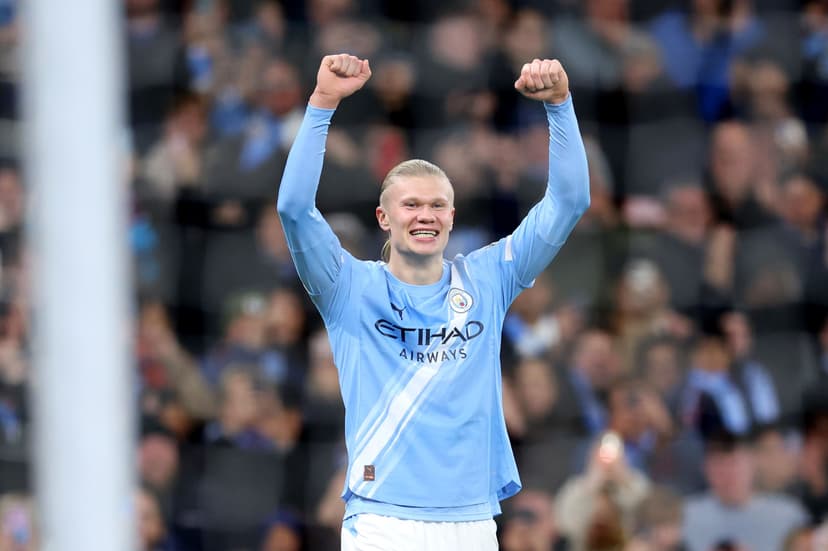 Erling Haaland of Manchester City celebrates scoring his team's third goal during