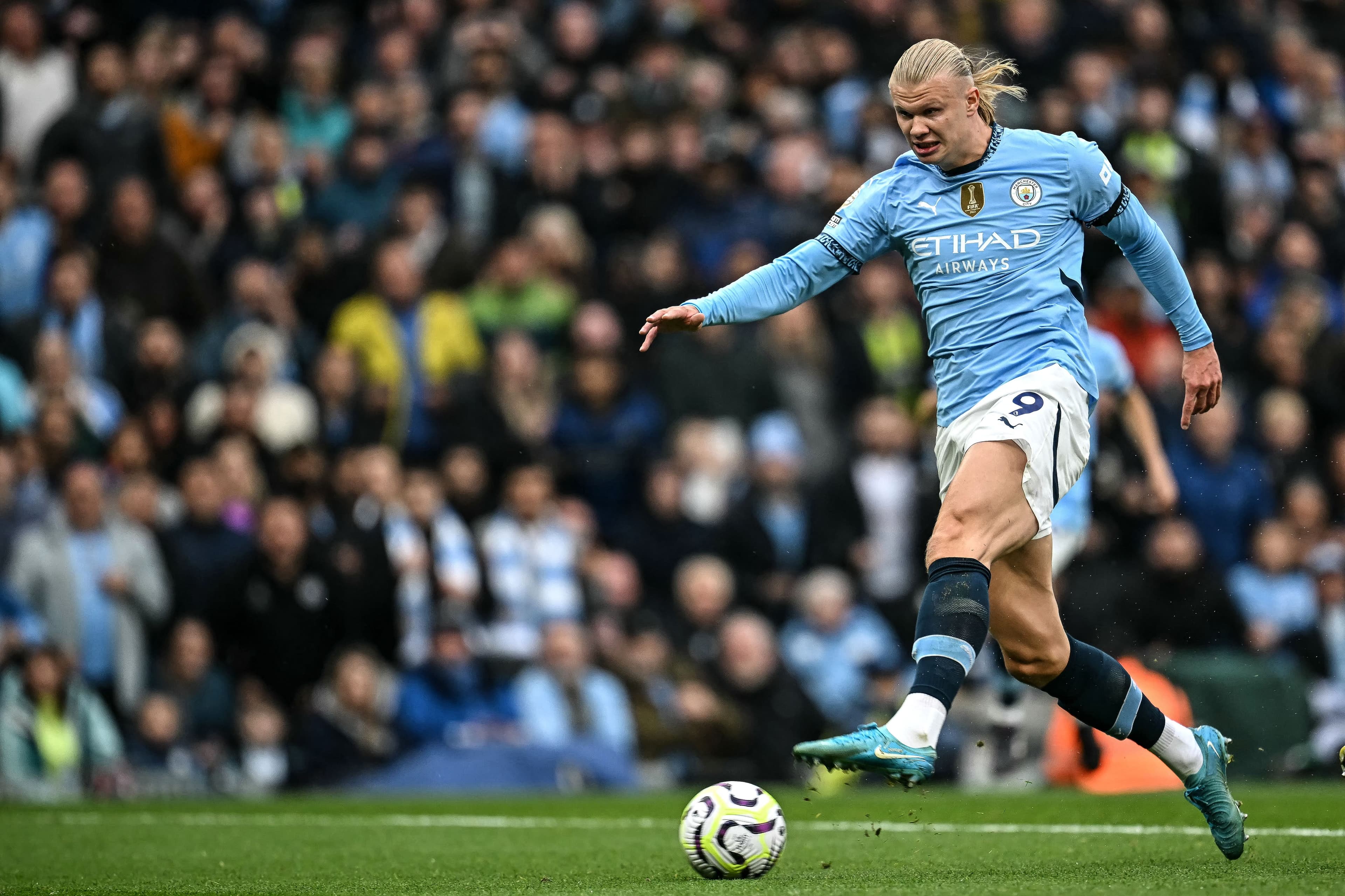 Erling Haaland scores the team's first goal during the English Premier League