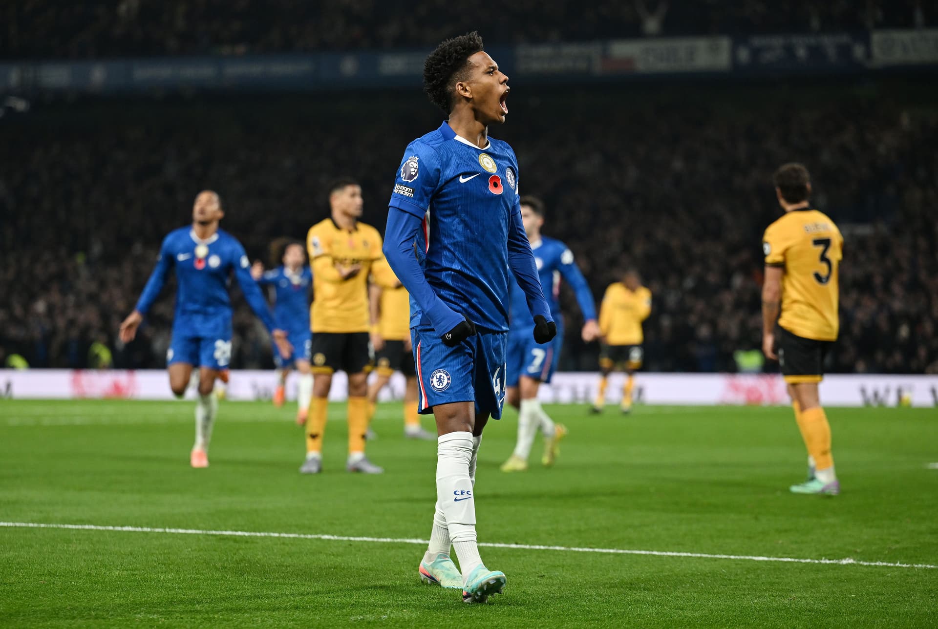 Estevao of Chelsea celebrates after teammate Joao Pedro